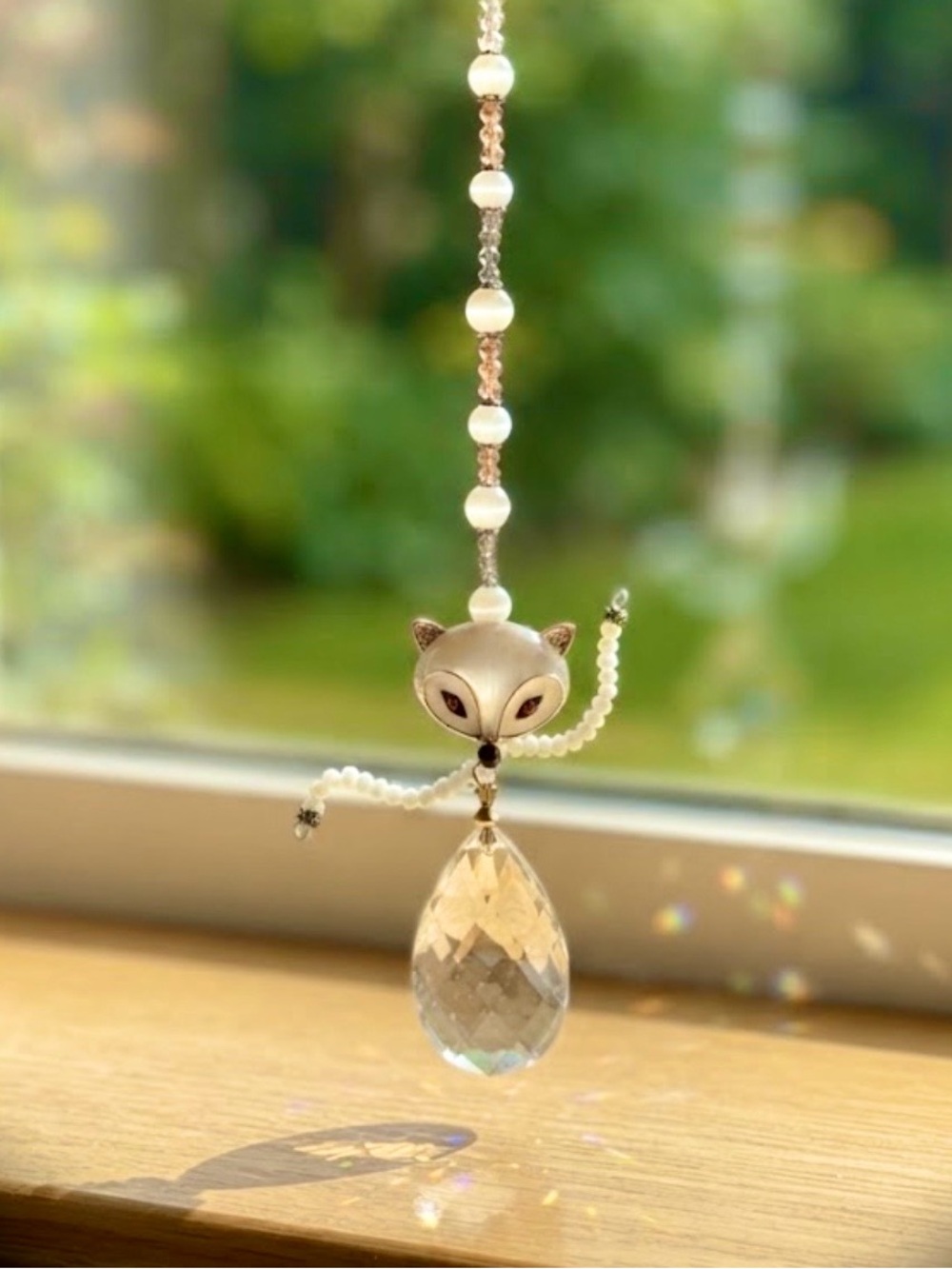 Handcrafted  Upcycled Jewelry Sunchatcher Cat Fox Crystal Prism